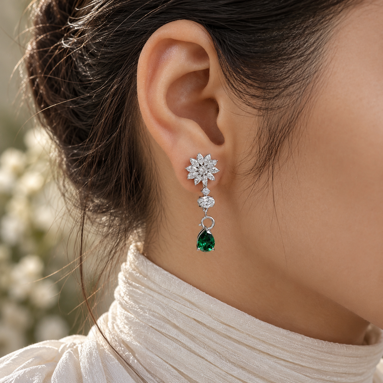 Green Pear Drop Earrings with Marquise Flower Cluster