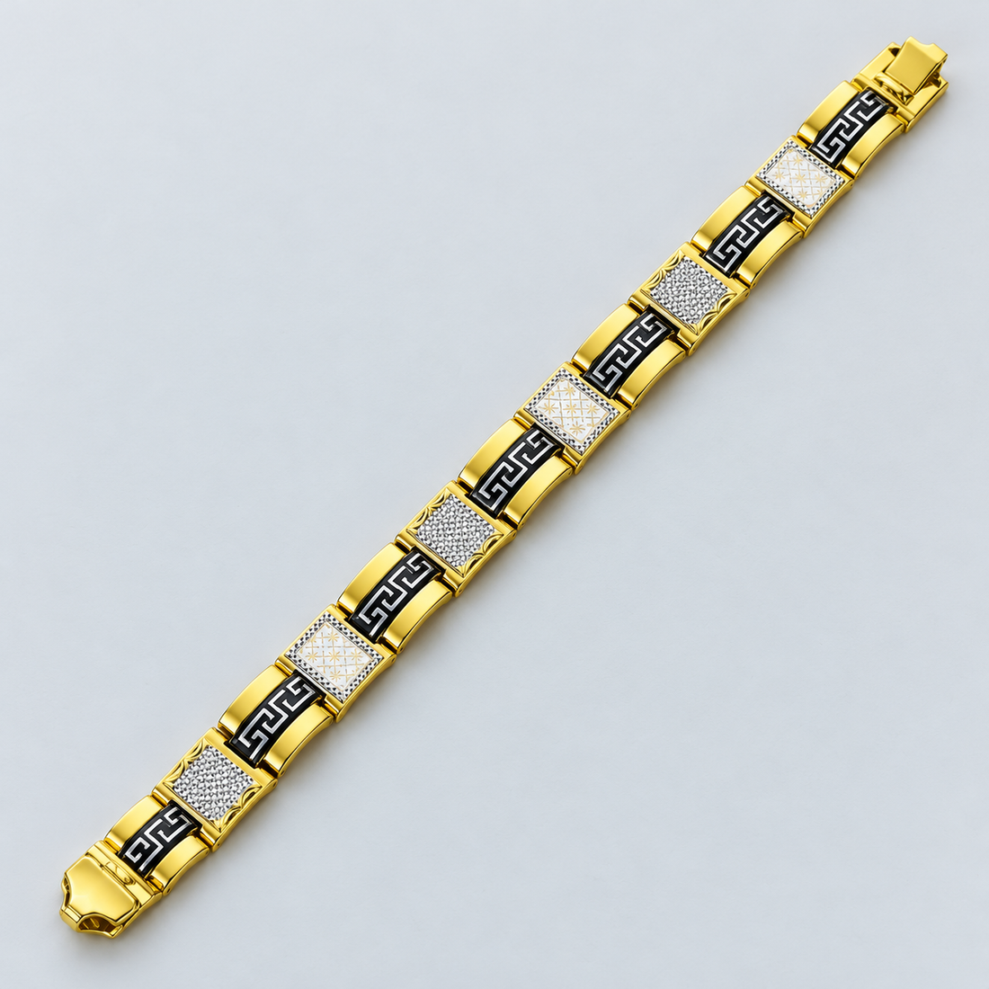 Gold-Tone Black Greek Key and Decorative Square Panel Link Bracelet