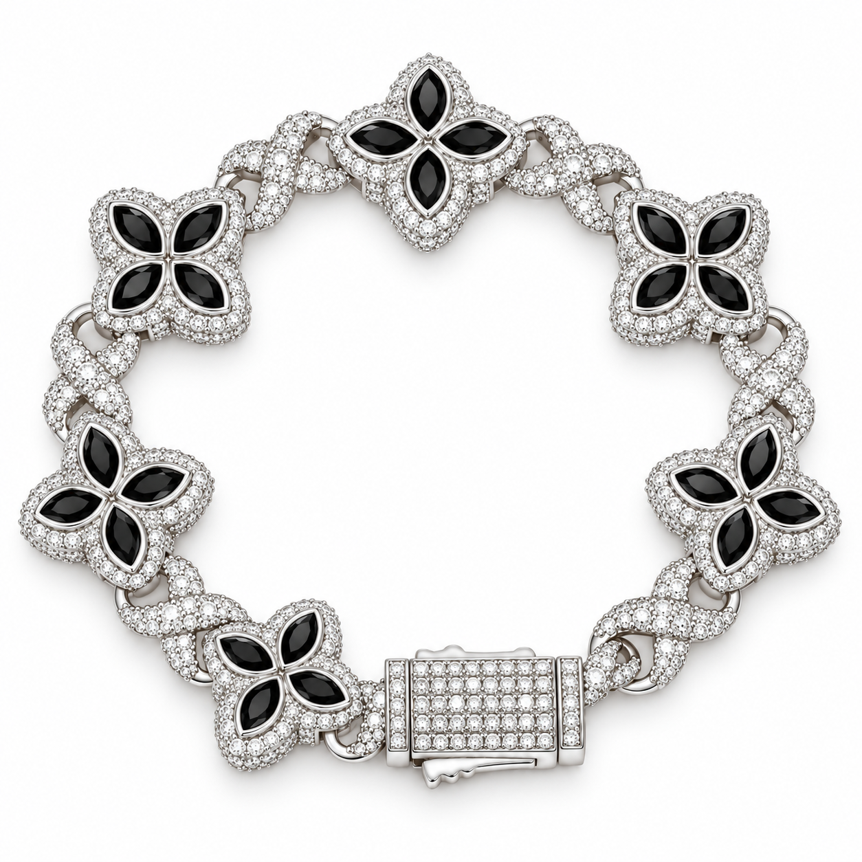 Iced Out Black Onyx Four Petal Clover Bracelet | Custom Hip Hop Jewelry