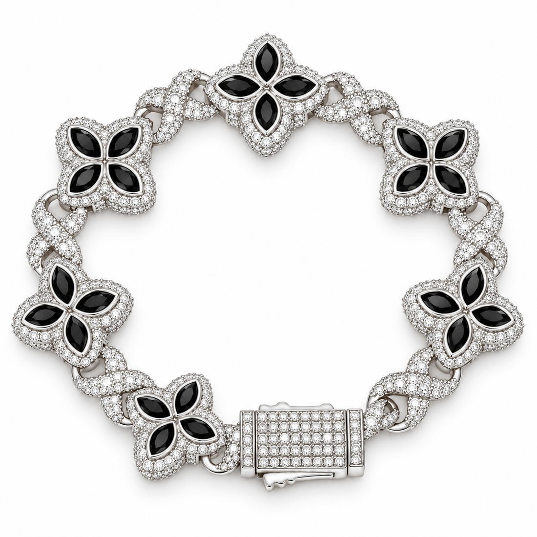 Iced Out Black Onyx Four Petal Clover Bracelet | Custom Hip Hop Jewelry