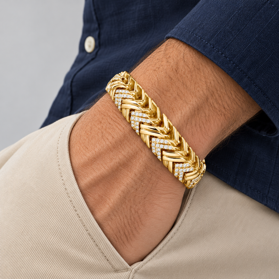 Yellow Gold-Tone Double Chevron Link Bracelet with Clear Stone Accents