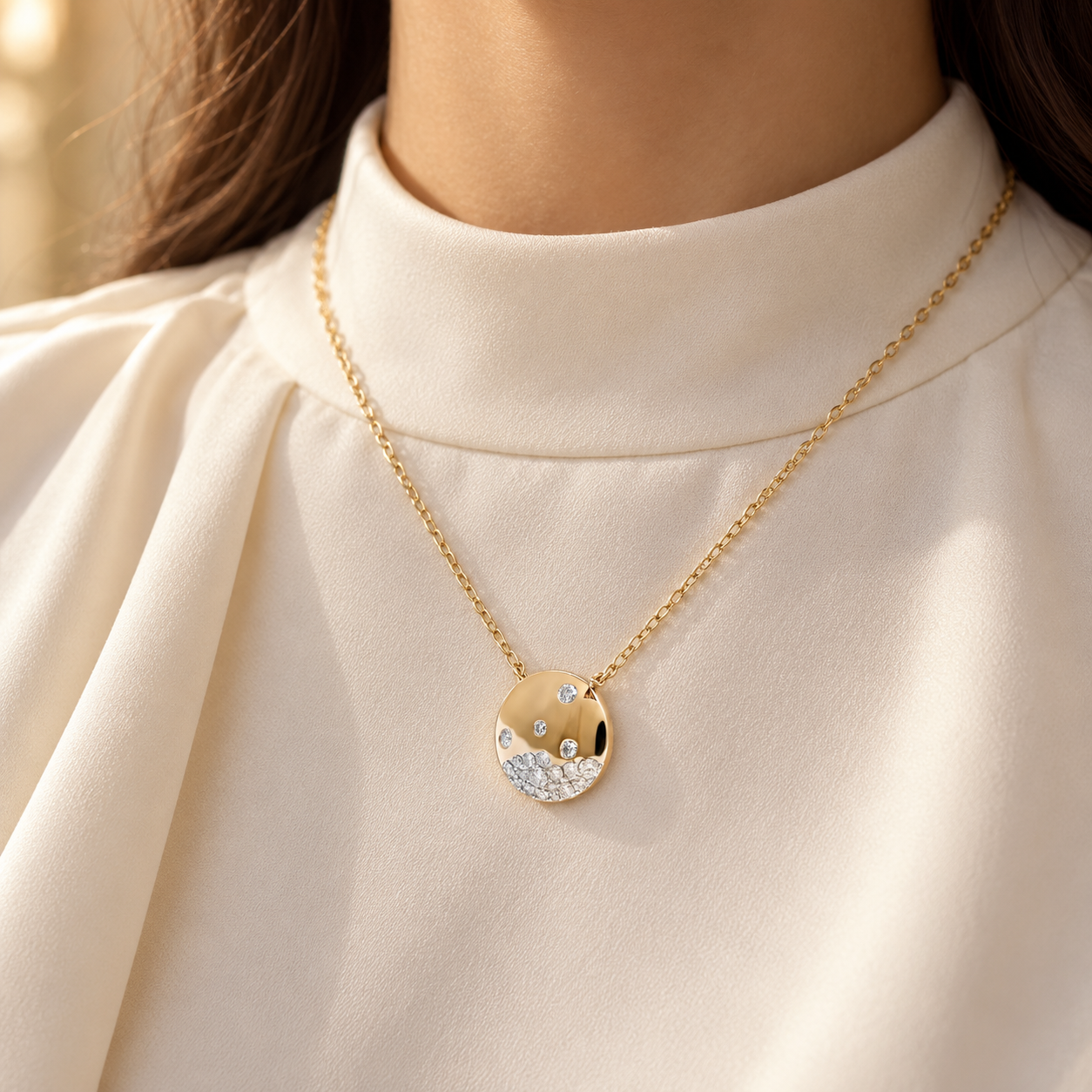 Round Disc Scattered Stone Yellow Gold Pendant Necklace