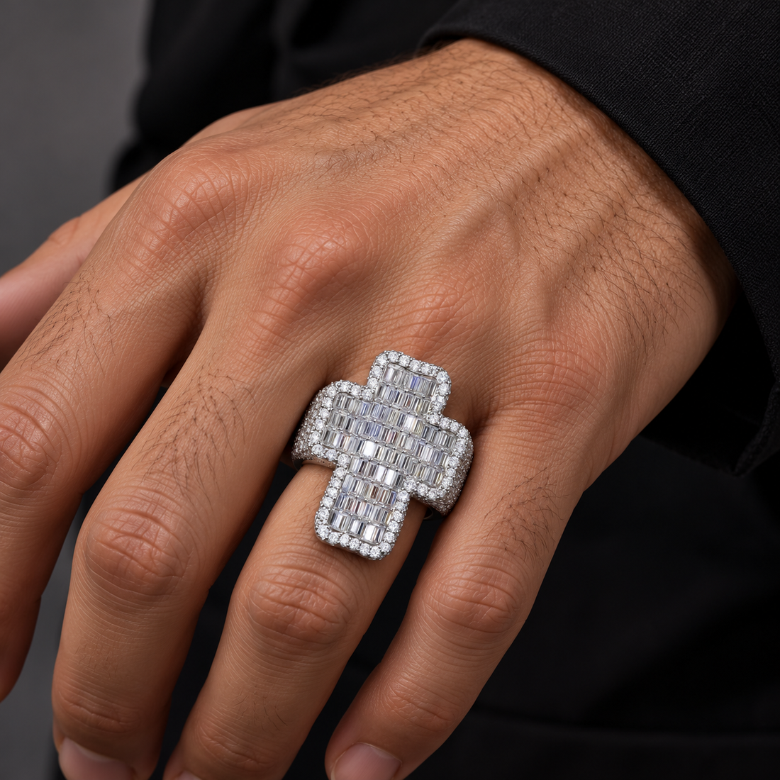 Baguette Cross Iced Out White Gold-Tone Hip Hop Ring – Custom Statement Jewelry