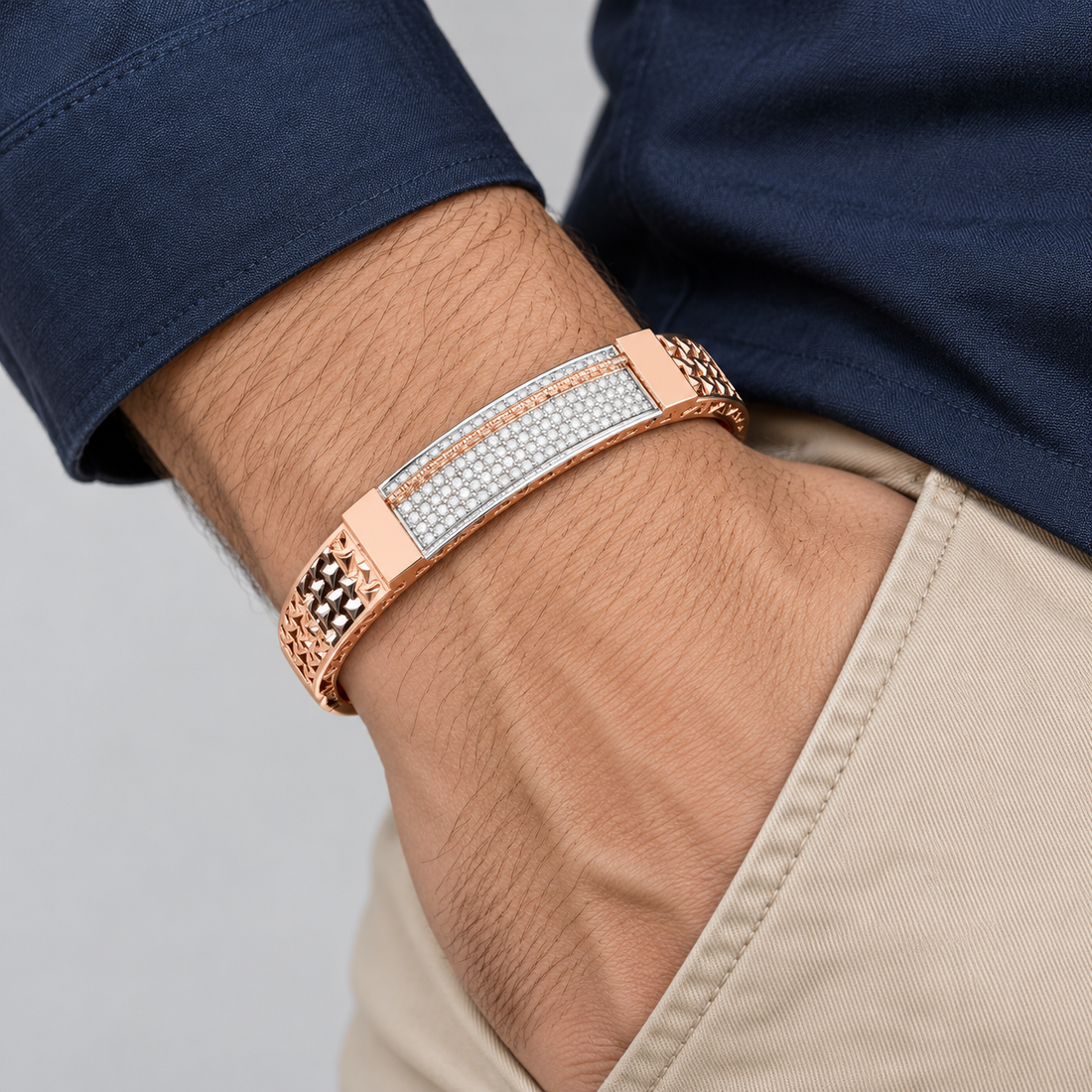 Rose Gold-Tone Pavé Bar Bangle with Faceted Star Pattern