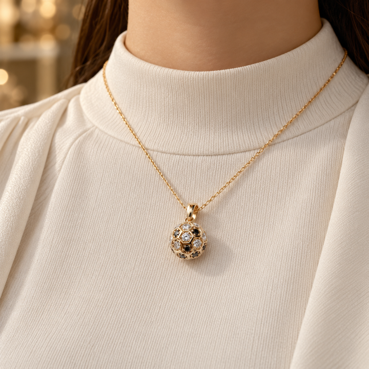 Black & White Stone Soccer Ball Yellow Gold Pendant Necklace