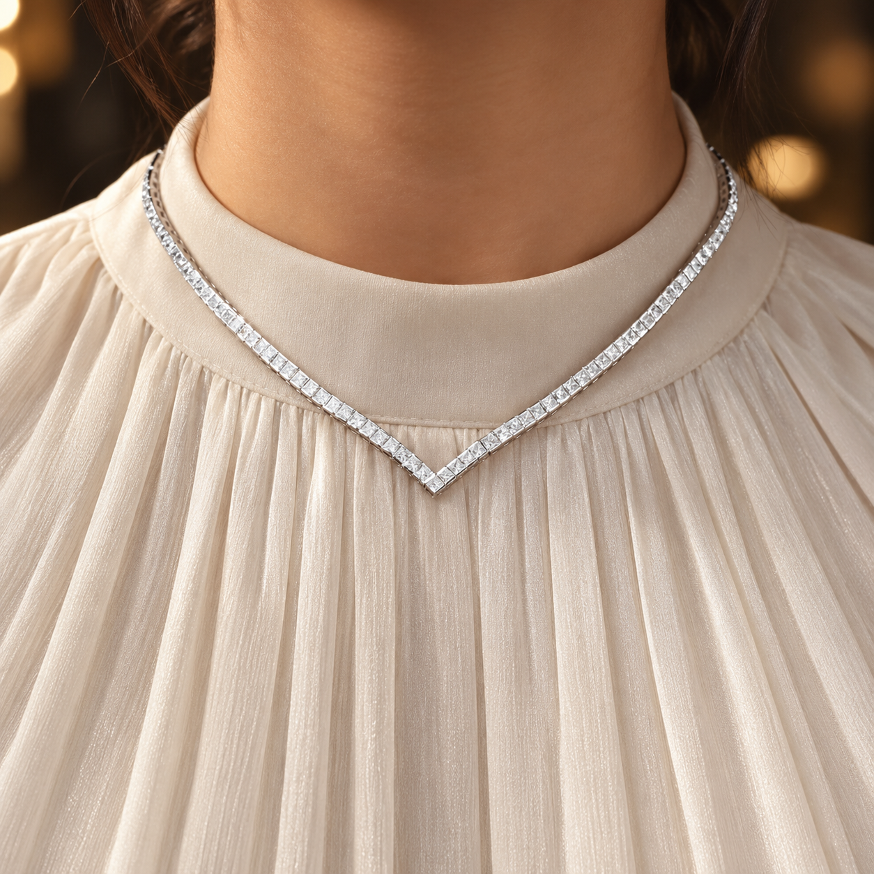 Princess Cut V-Shaped White Gold Tennis Necklace