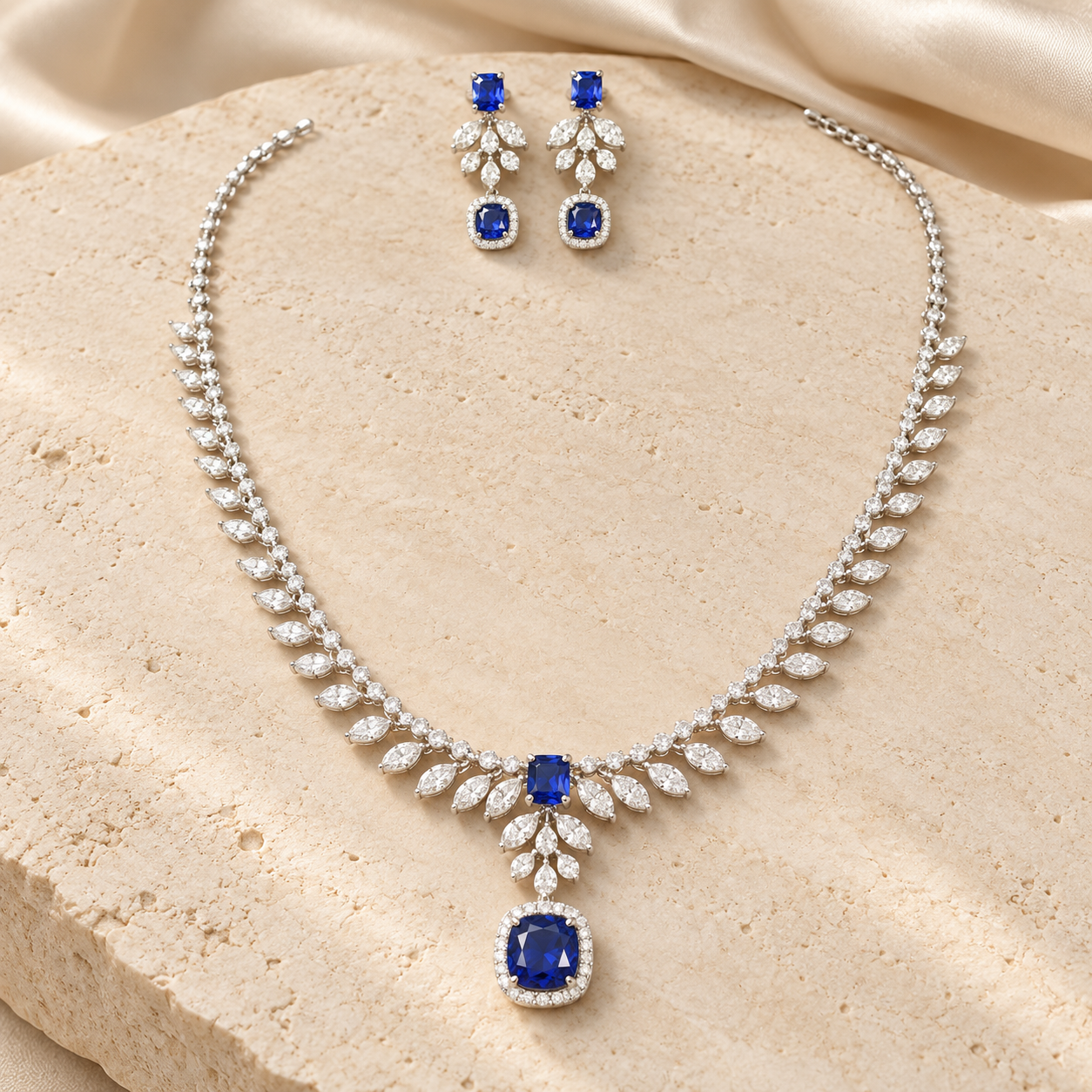 Royal Blue Halo Drop and Marquise Leaf Bridal Necklace and Earrings Set
