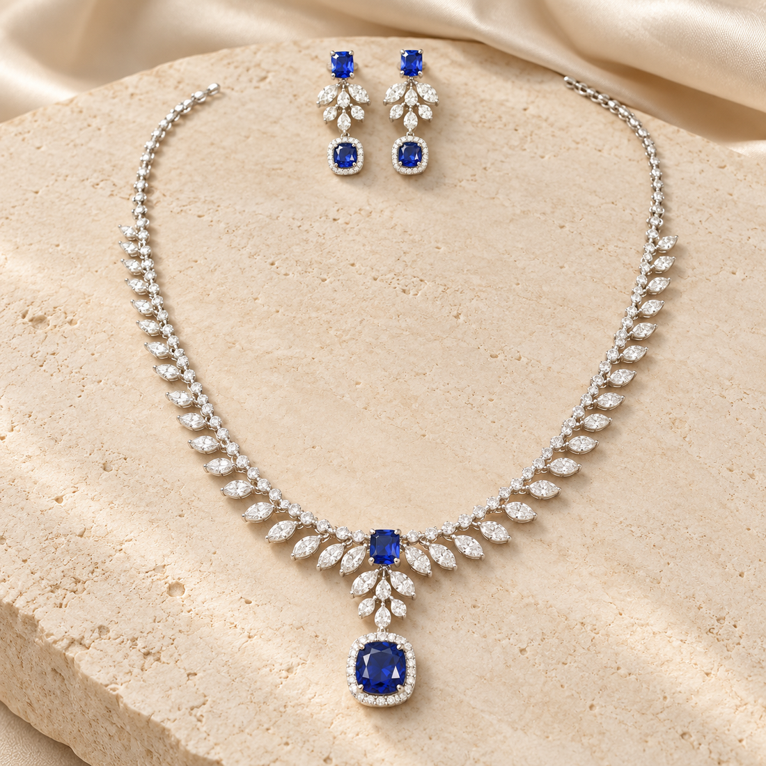 Royal Blue Halo Drop and Marquise Leaf Bridal Necklace and Earrings Set