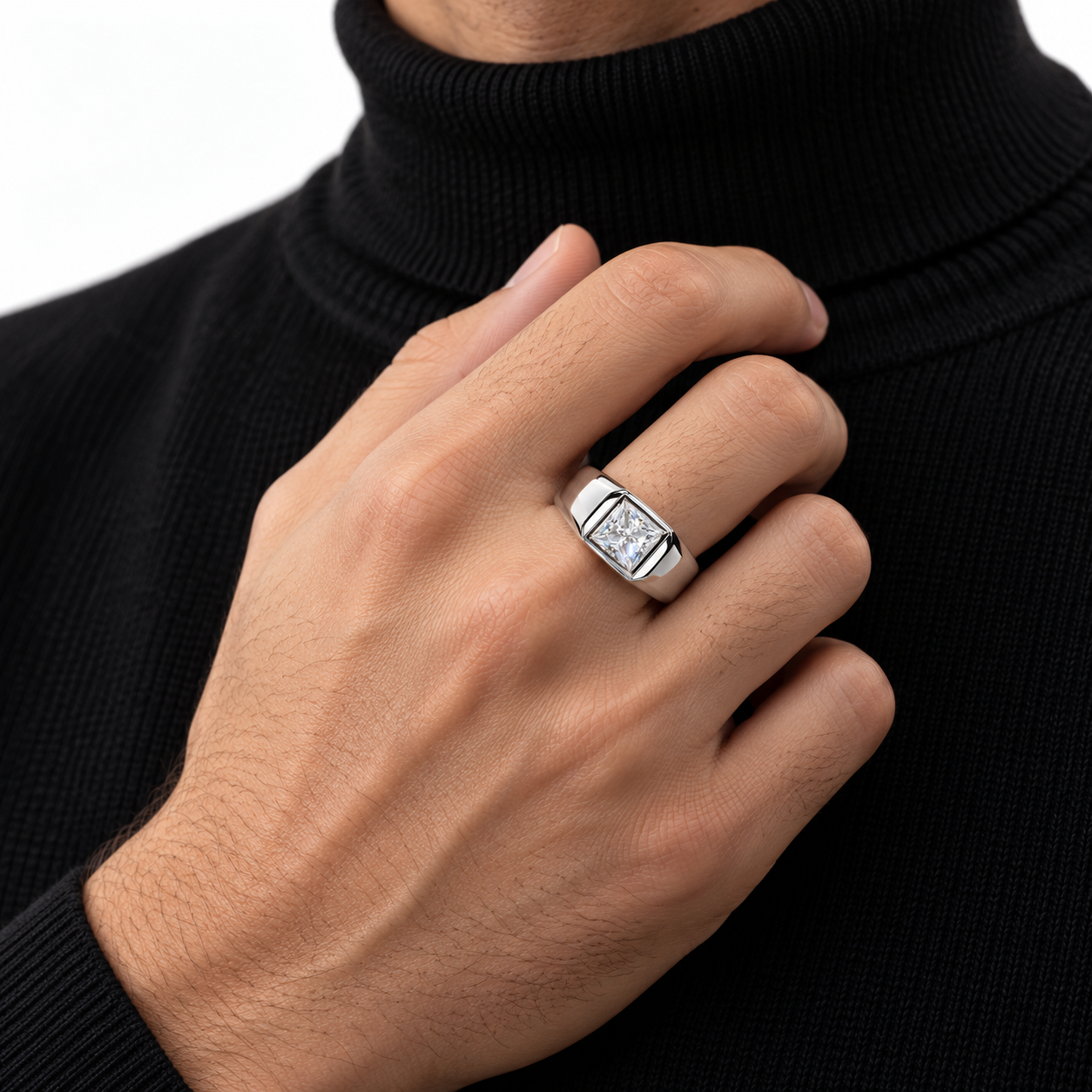 Princess Cut Solitaire White Metal Bezel-Style Signet Ring