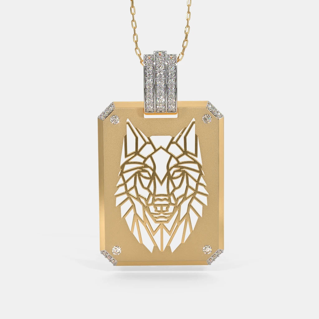 Geometric Wolf Cutout Diamond Tag Pendant