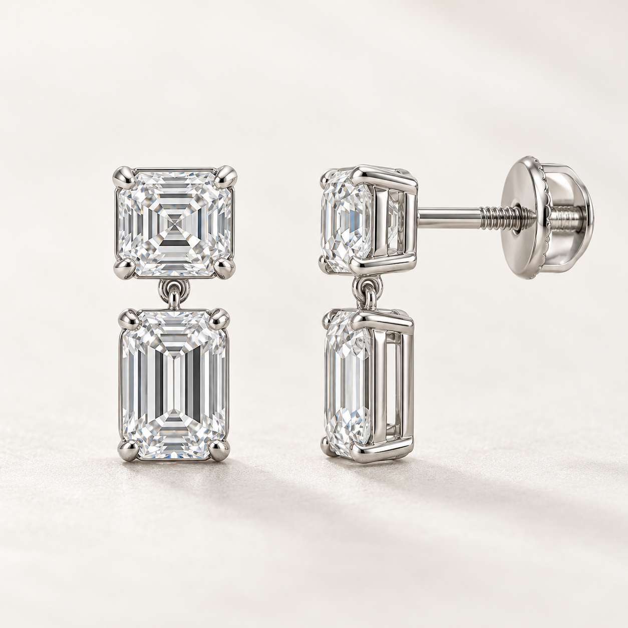 Asscher & Emerald Cut Two-Stone Drop Earrings with Screw Backs