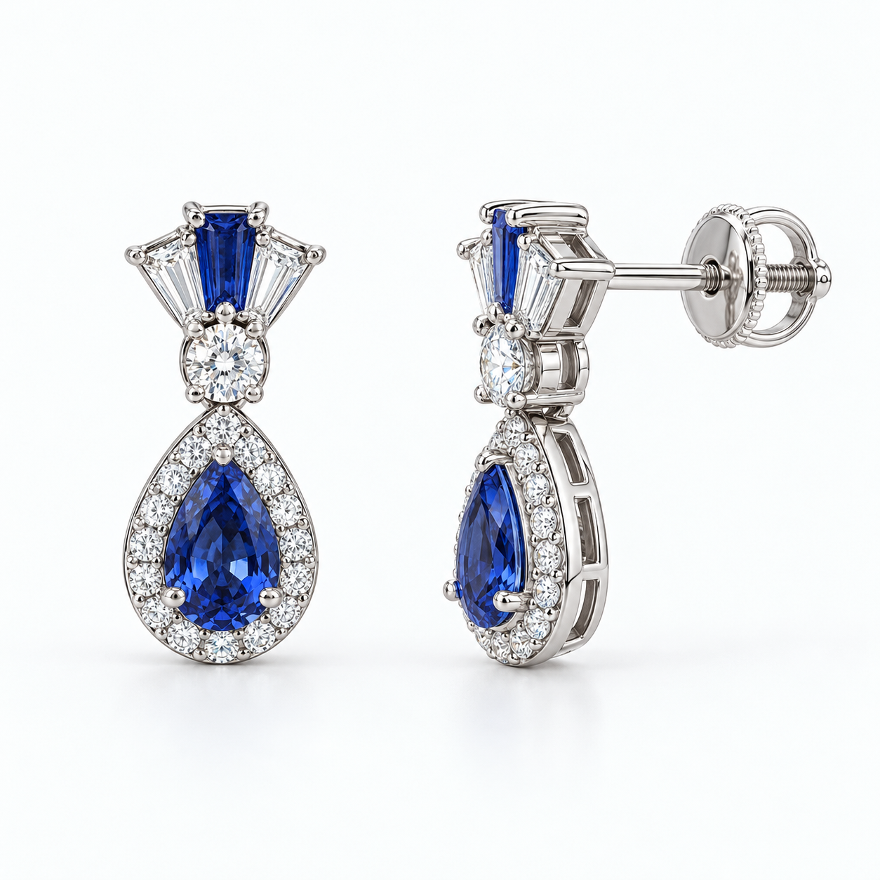 Blue Pear Halo Drop Earrings with Tapered Baguette Accents