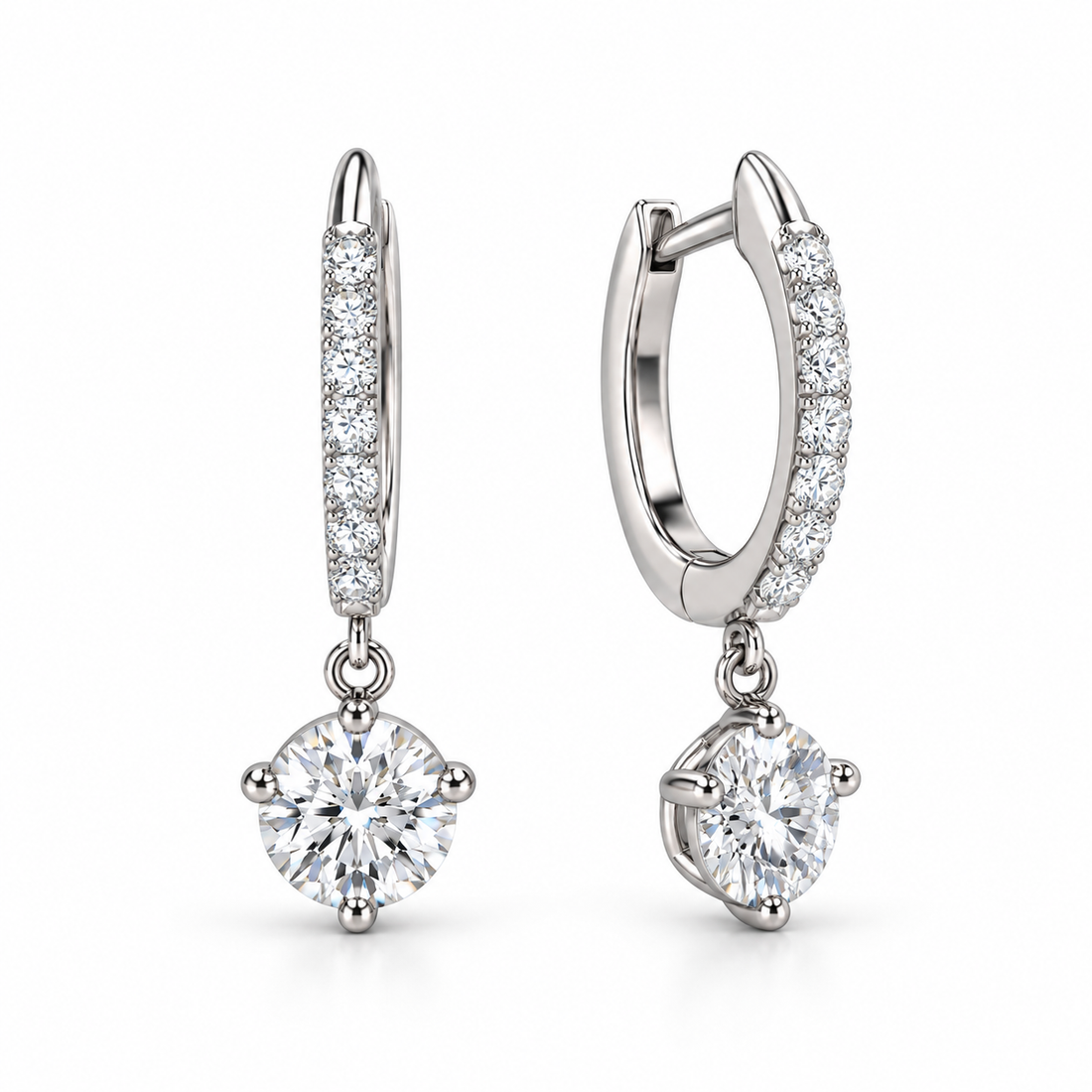 Round Solitaire Drop Earrings with Pavé Hinged Hoops