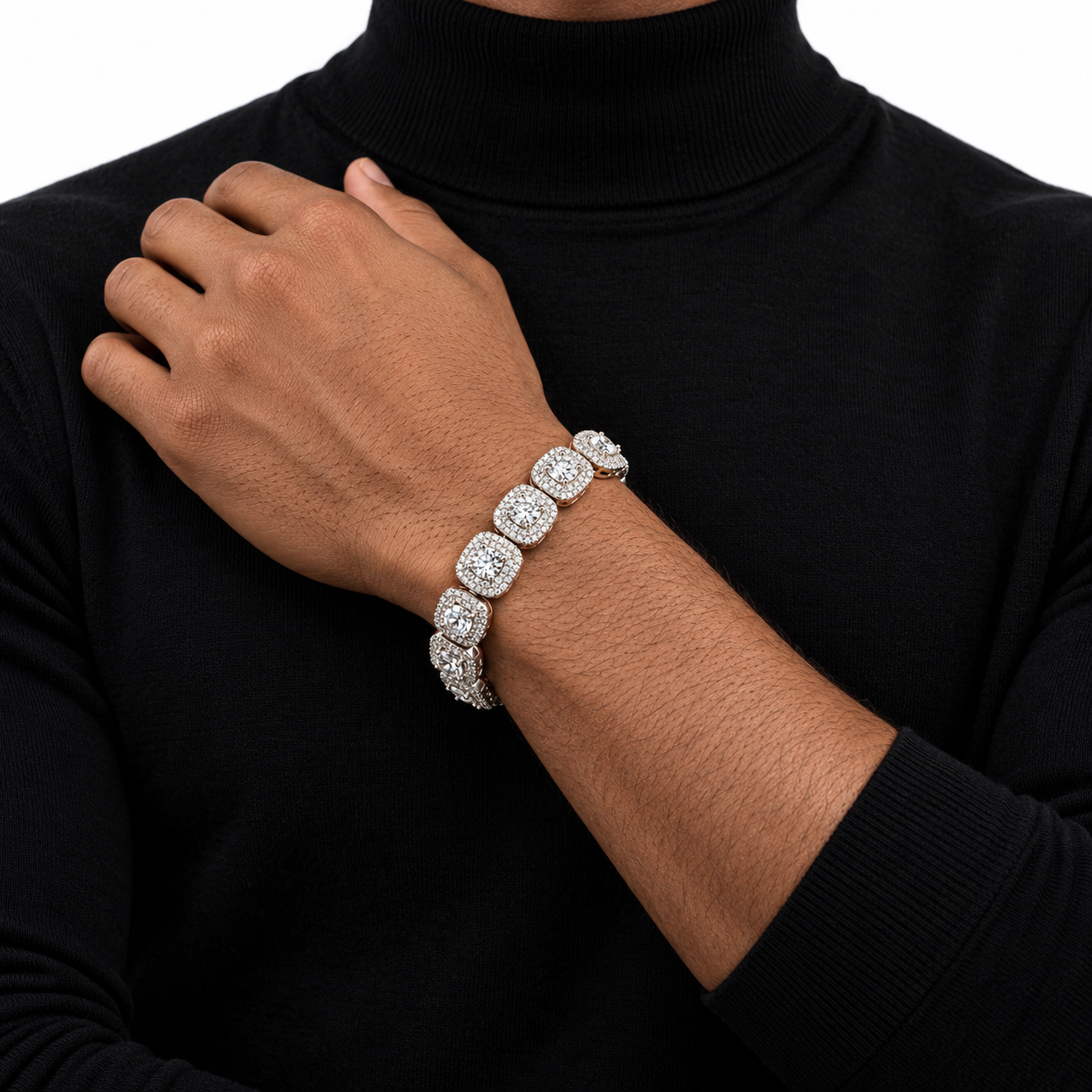 Iced Out Cushion Cut Halo Stone Bracelet | White Gold Hip Hop Jewelry