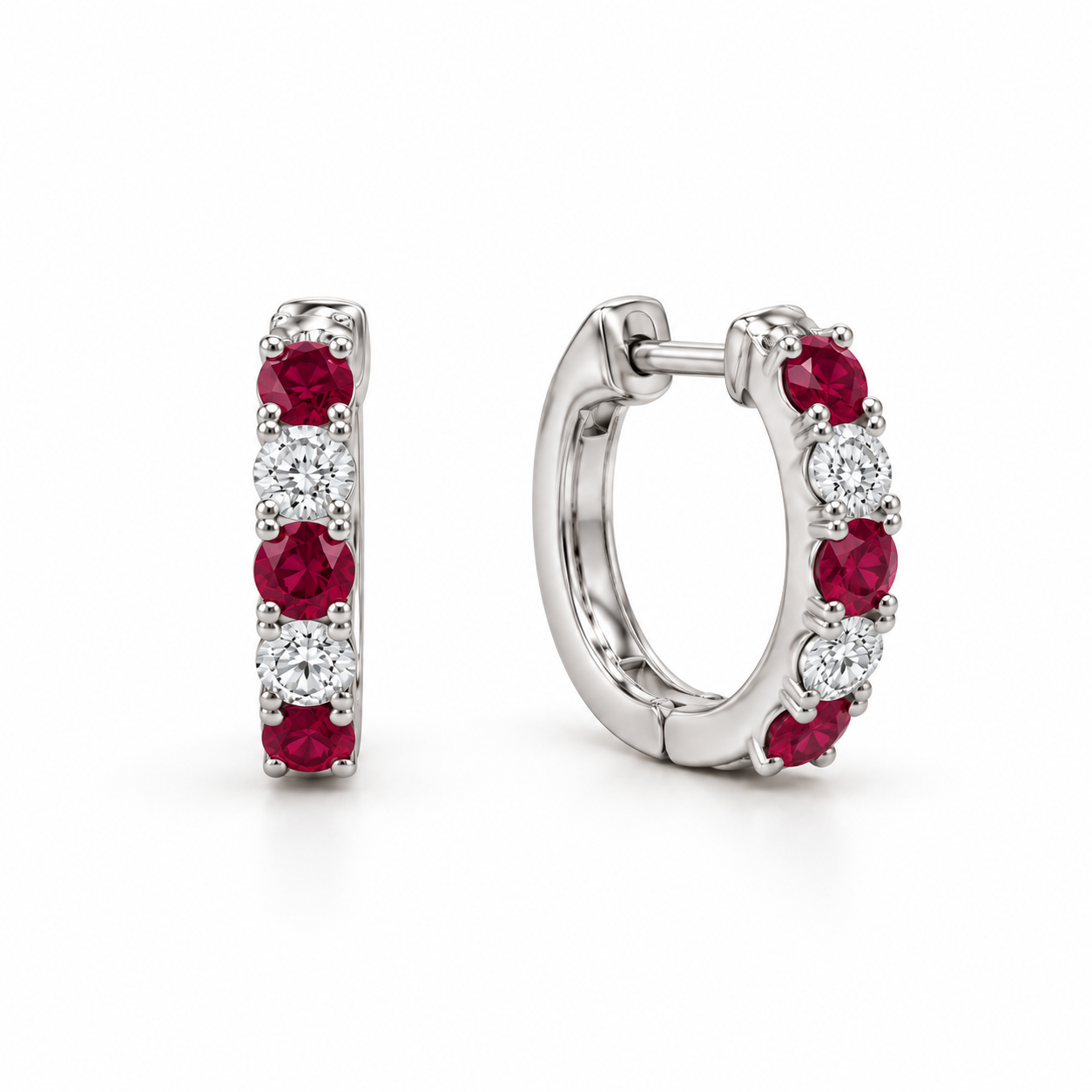 Red & White Round Stone Hoop Earrings in White Gold Tone