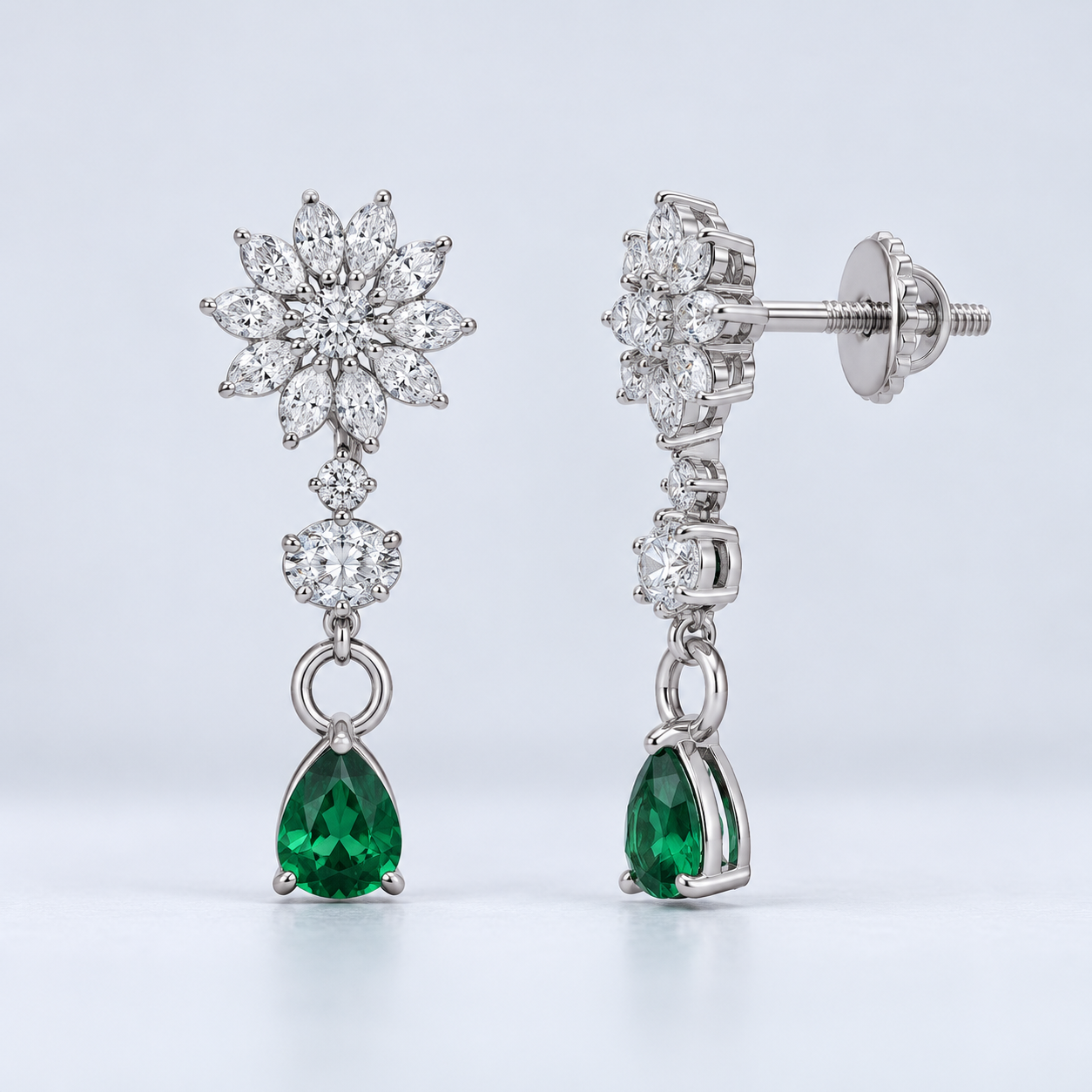 Green Pear Drop Earrings with Marquise Flower Cluster