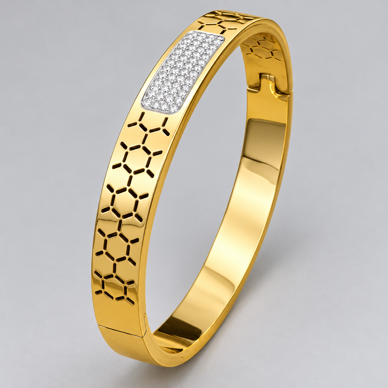 Rose Gold-Tone Honeycomb Cutout Bangle with Pavé Center Panel