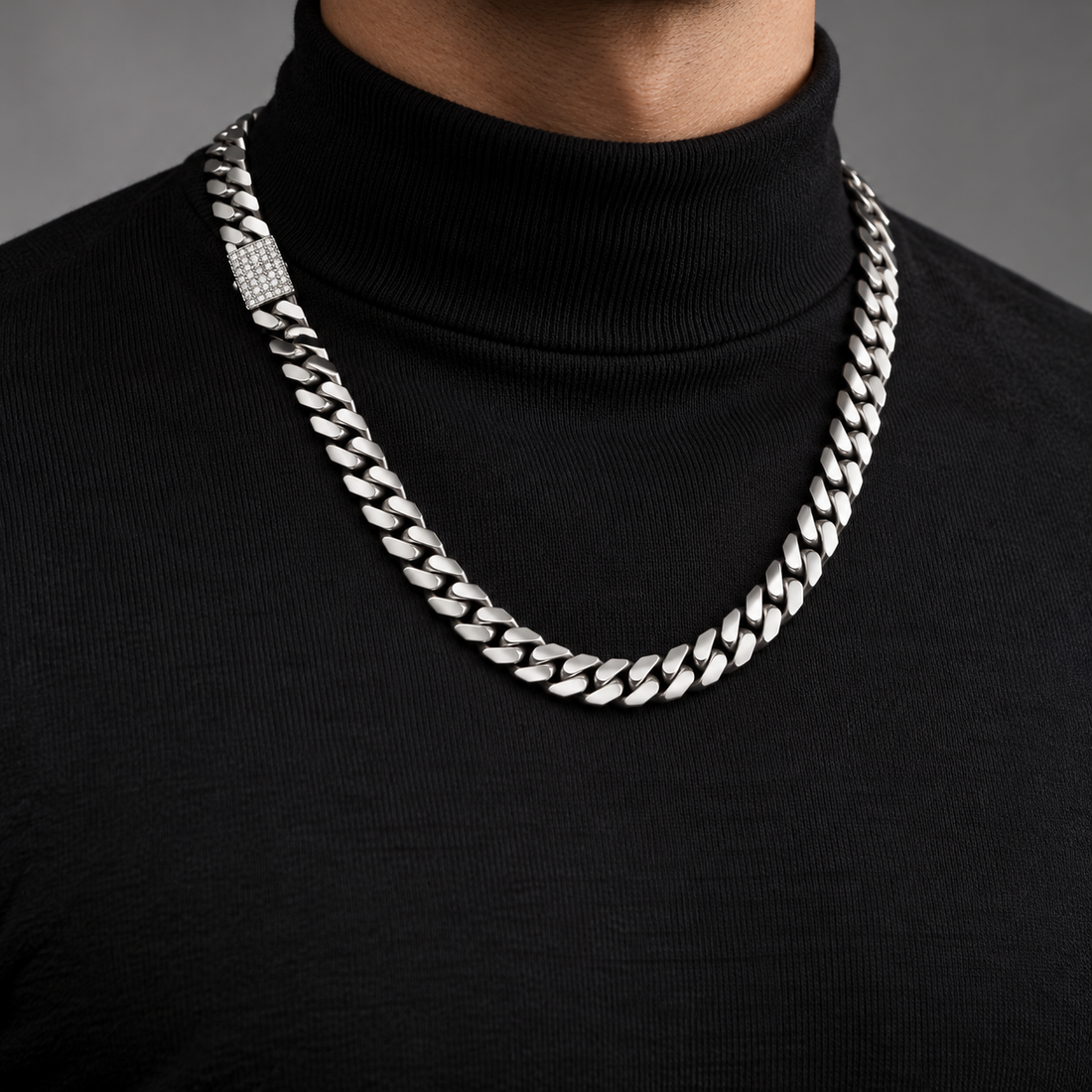 Silver-Tone Cuban Link Necklace with Pavé Clasp