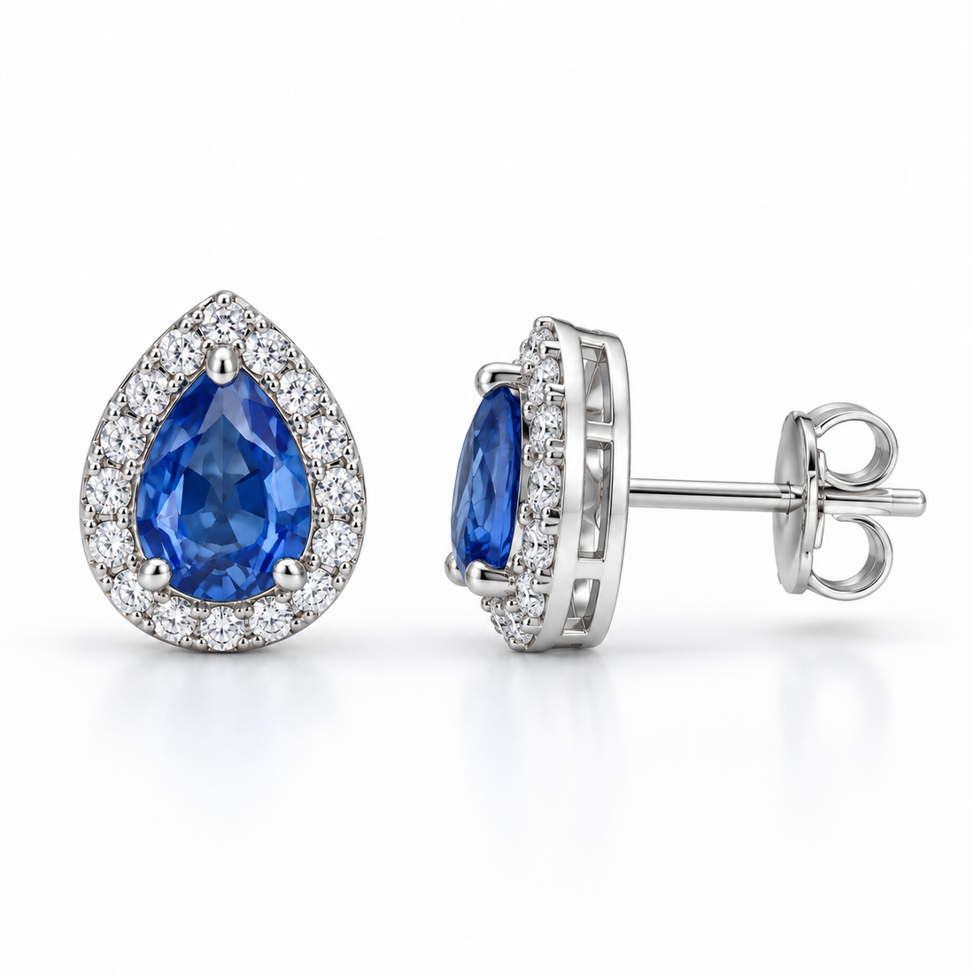 Blue Pear-Shaped Halo Stud Earrings in White Gold Tone