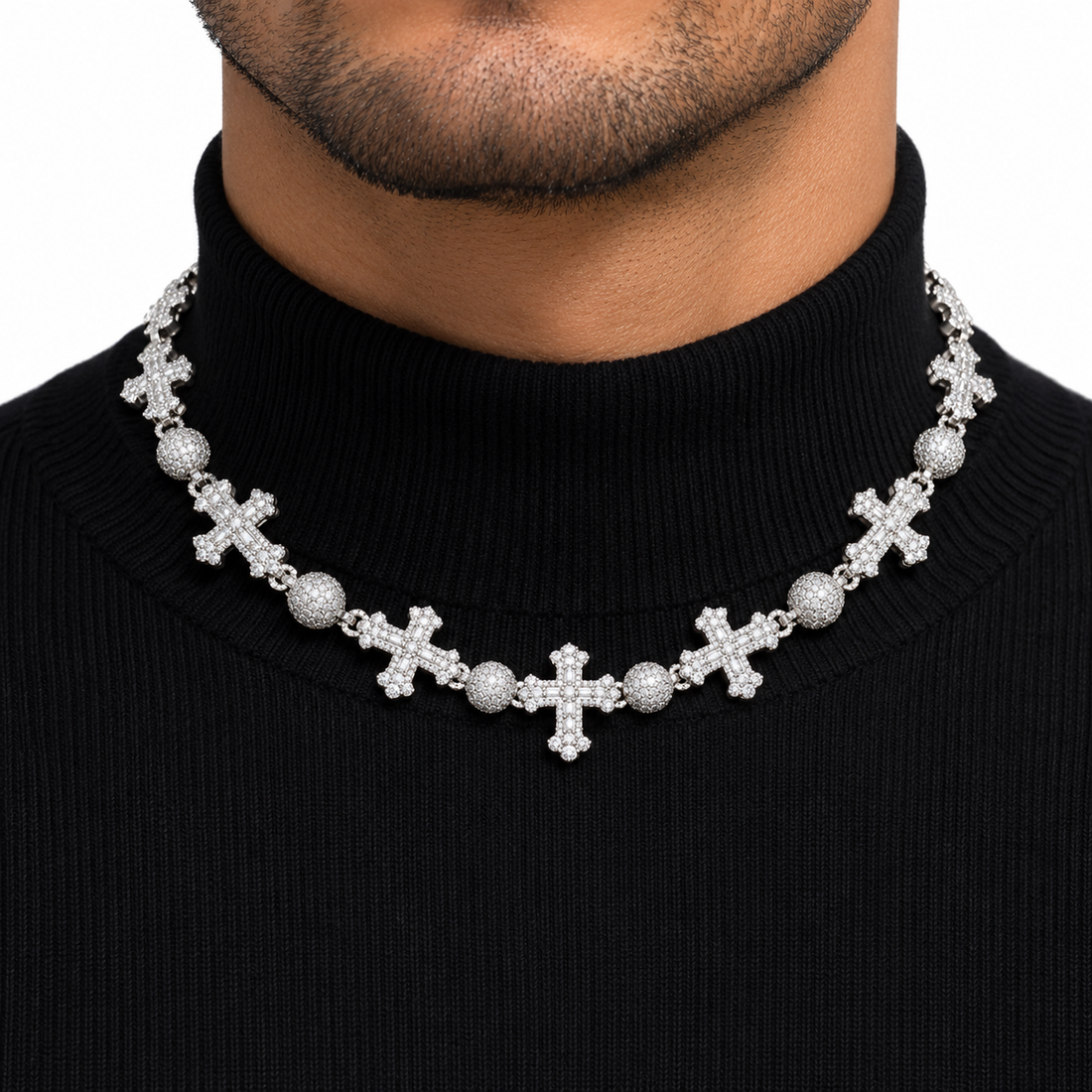 Custom Iced Out Cross & Bead Link Necklace