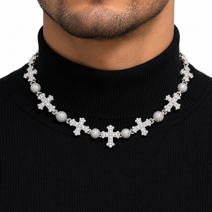 Custom Iced Out Cross & Bead Link Necklace