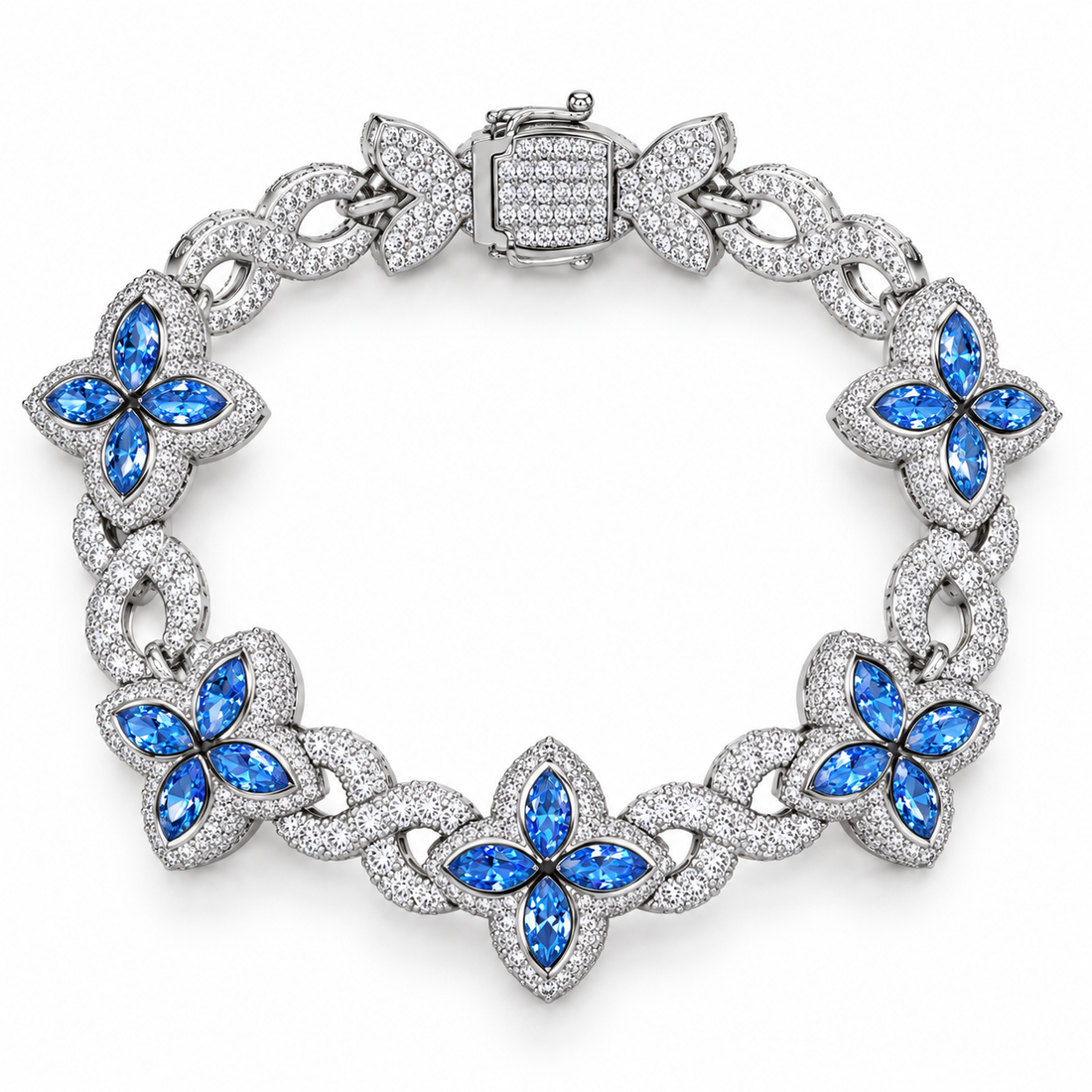 Iced Out Blue Four Petal Flower Bracelet | Custom Hip Hop Jewelry
