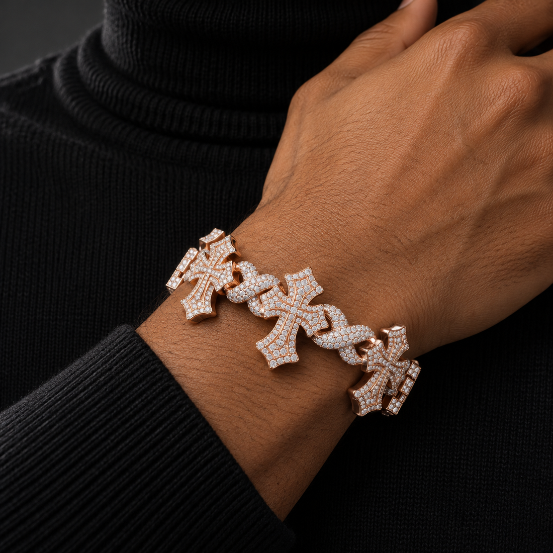 Outlined Pavé Cross & Infinity Link Rose Gold-Tone Bracelet – Custom Iced Out Hip Hop Jewelry