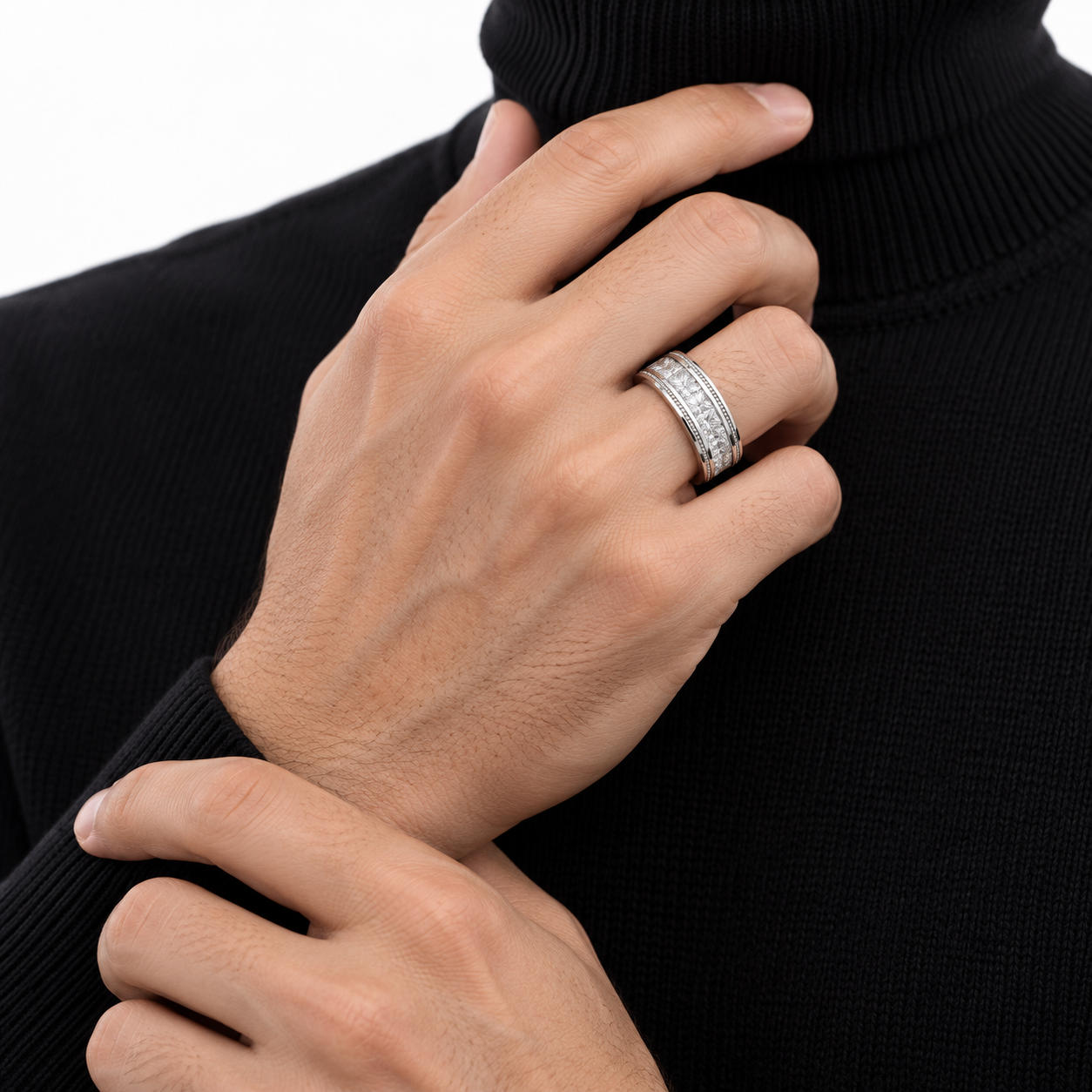 Princess Cut Channel Set White Metal Band Ring with Beaded Borders