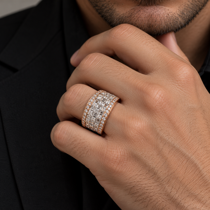 Two Tone Checkerboard Iced Out Wide Band Hip Hop Ring