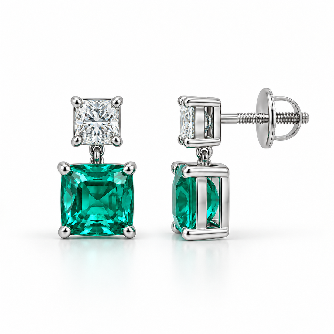 Green Square & Clear Princess Cut Two-Stone Drop Earrings