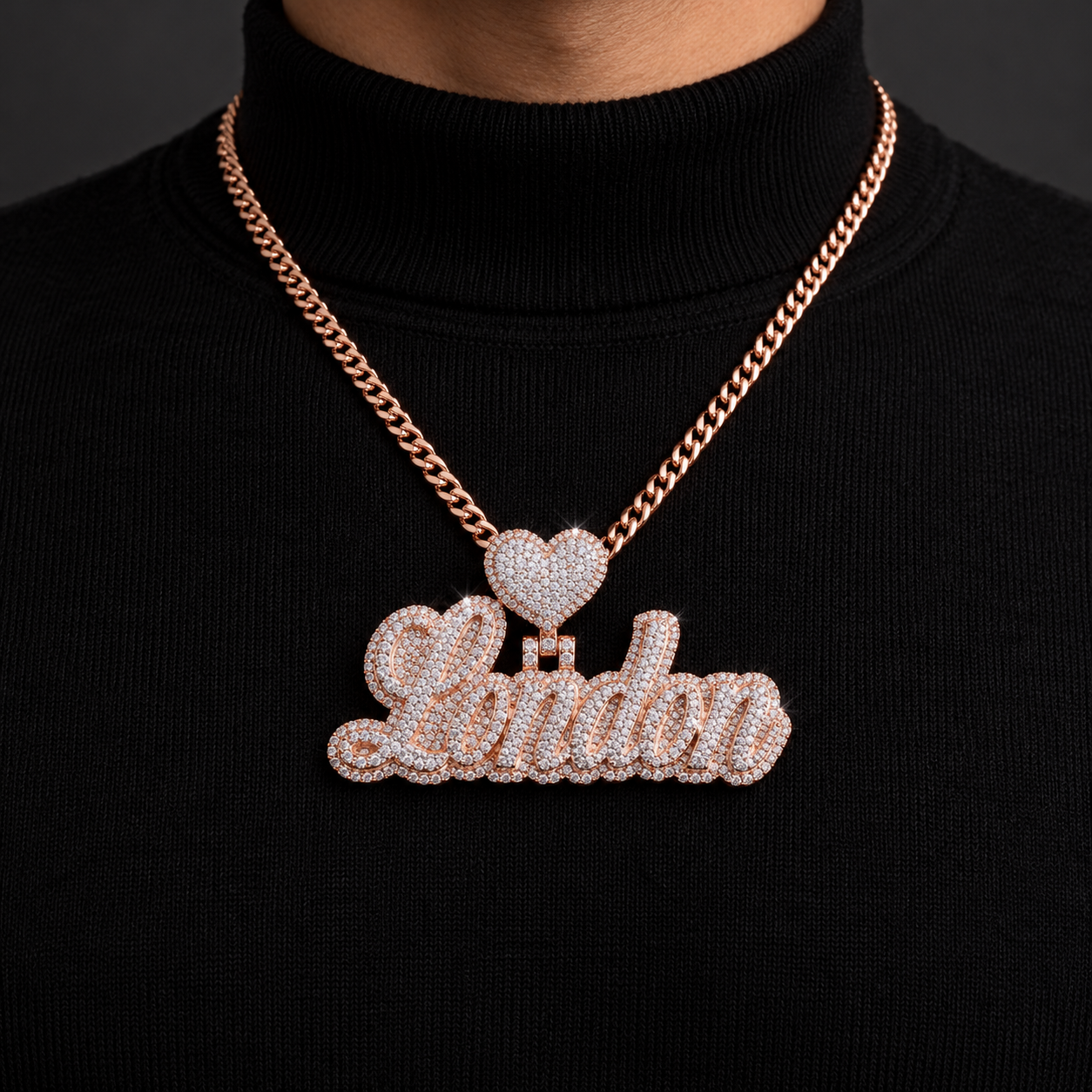 Custom Heart Script Name Iced Out Rose Gold-Tone Pendant – Personalized Hip Hop Jewelry