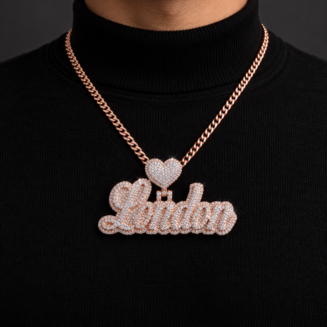 Custom Heart Script Name Iced Out Rose Gold-Tone Pendant – Personalized Hip Hop Jewelry