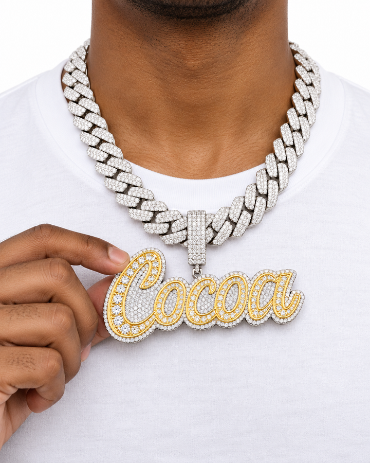 Custom Iced Out Cocoa Script Name Pendant with Two-Tone Finish