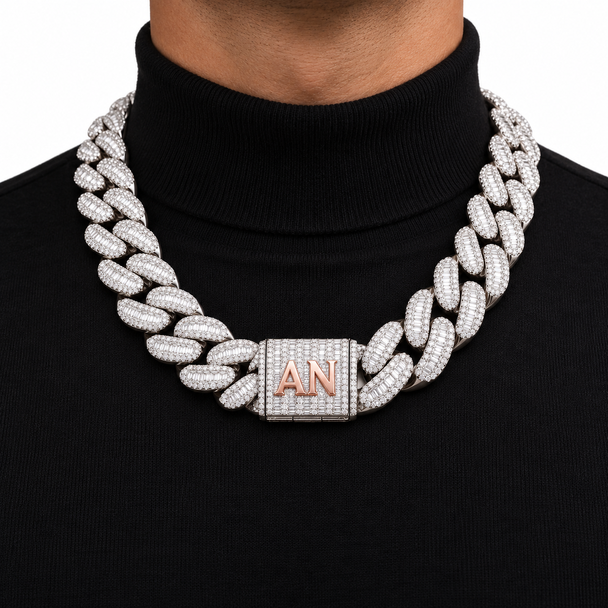 Custom Iced Out Baguette Cuban Link Chain With Initial Clasp