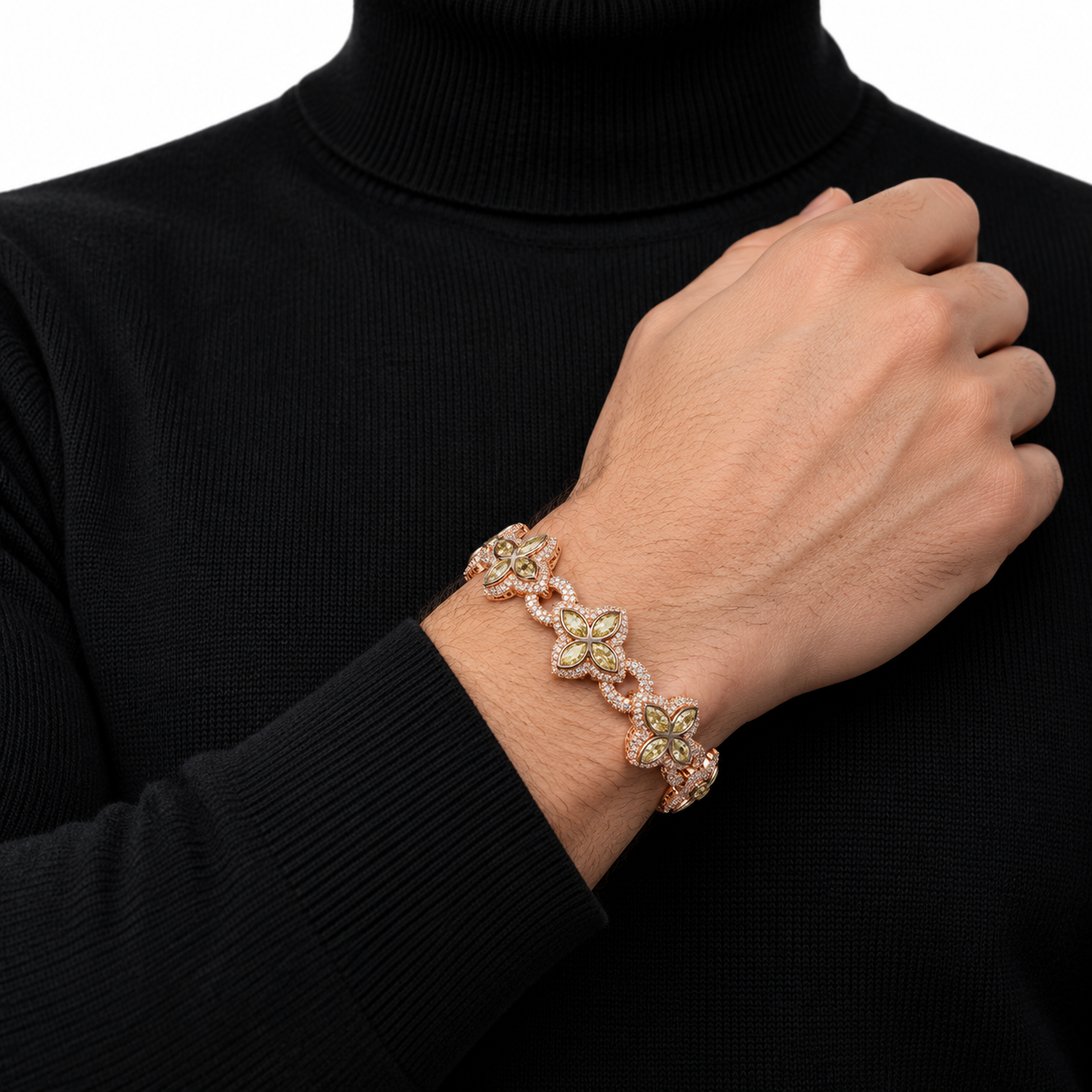 Iced Out Yellow Four Petal Flower Bracelet | Rose Gold Hip Hop Jewelry