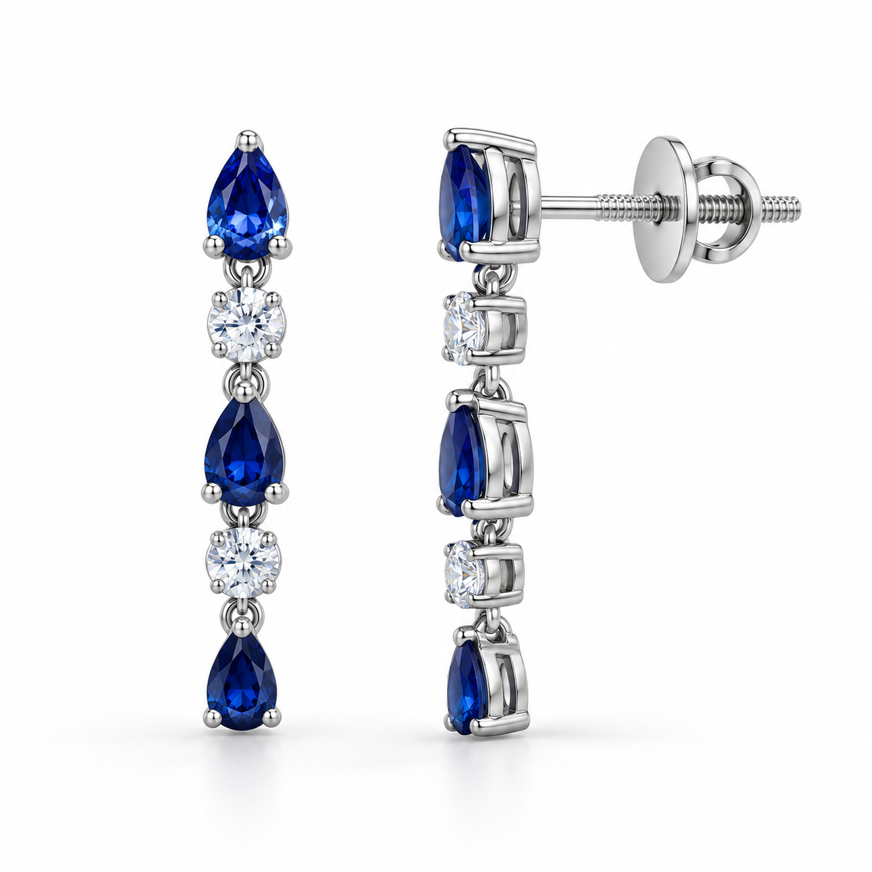 Blue Pear & Round White Stone Drop Earrings with Screw Backs