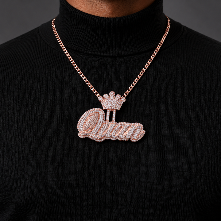 Custom Crown Script Name Iced Out Rose Gold-Tone Pendant – Personalized Hip Hop Jewelry