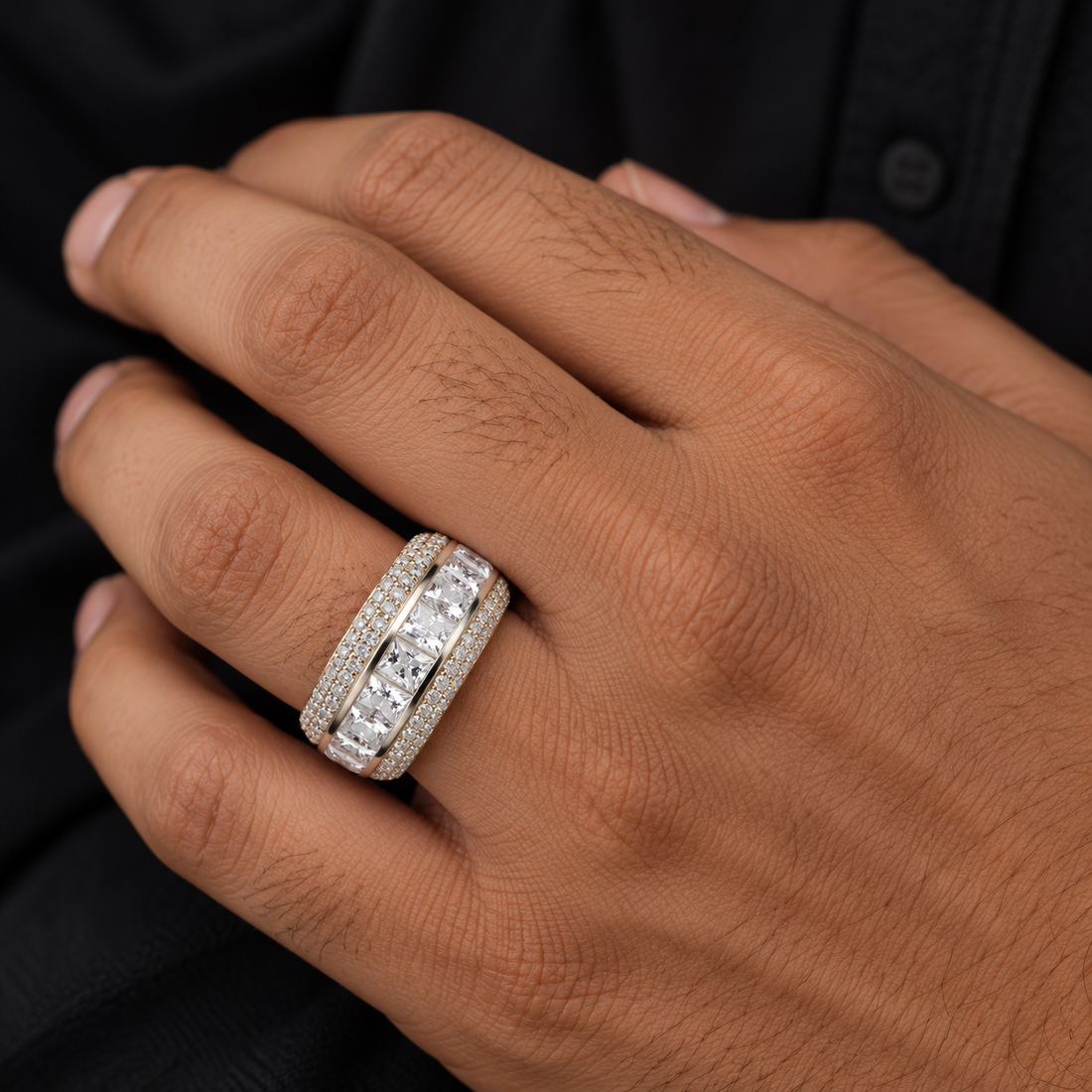 Princess Cut Channel Set Iced Out Hip Hop Band Ring