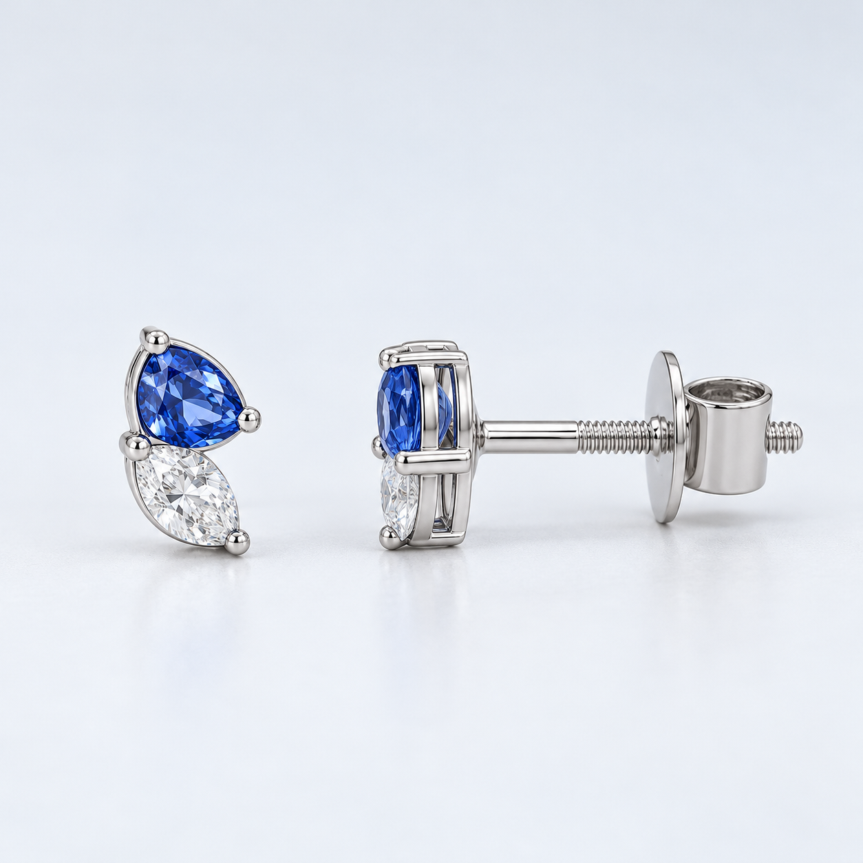 Blue Pear & Clear Marquise Two-Stone Stud Earrings