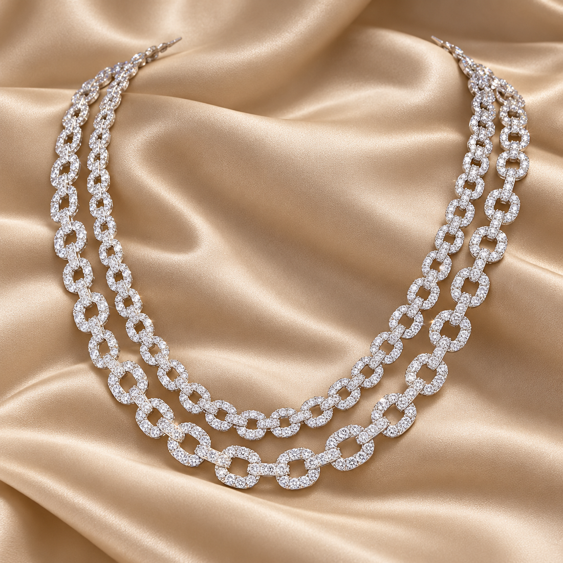 Iced Out Double Row Oval Link White Gold-Tone Chain – Custom Hip Hop Necklace