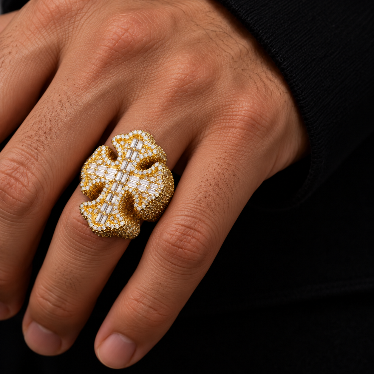 Ornate Baguette Cross Iced Out Yellow Gold-Tone Ring – Custom Hip Hop Statement Jewelry