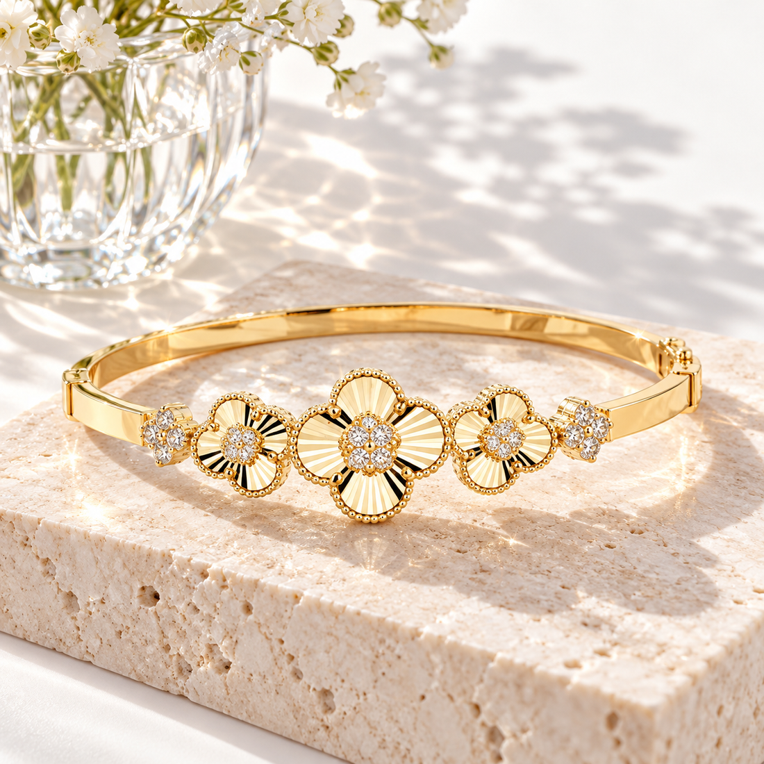 Clear Stone Fluted Clover Flower Yellow Gold-Tone Bangle Bracelet