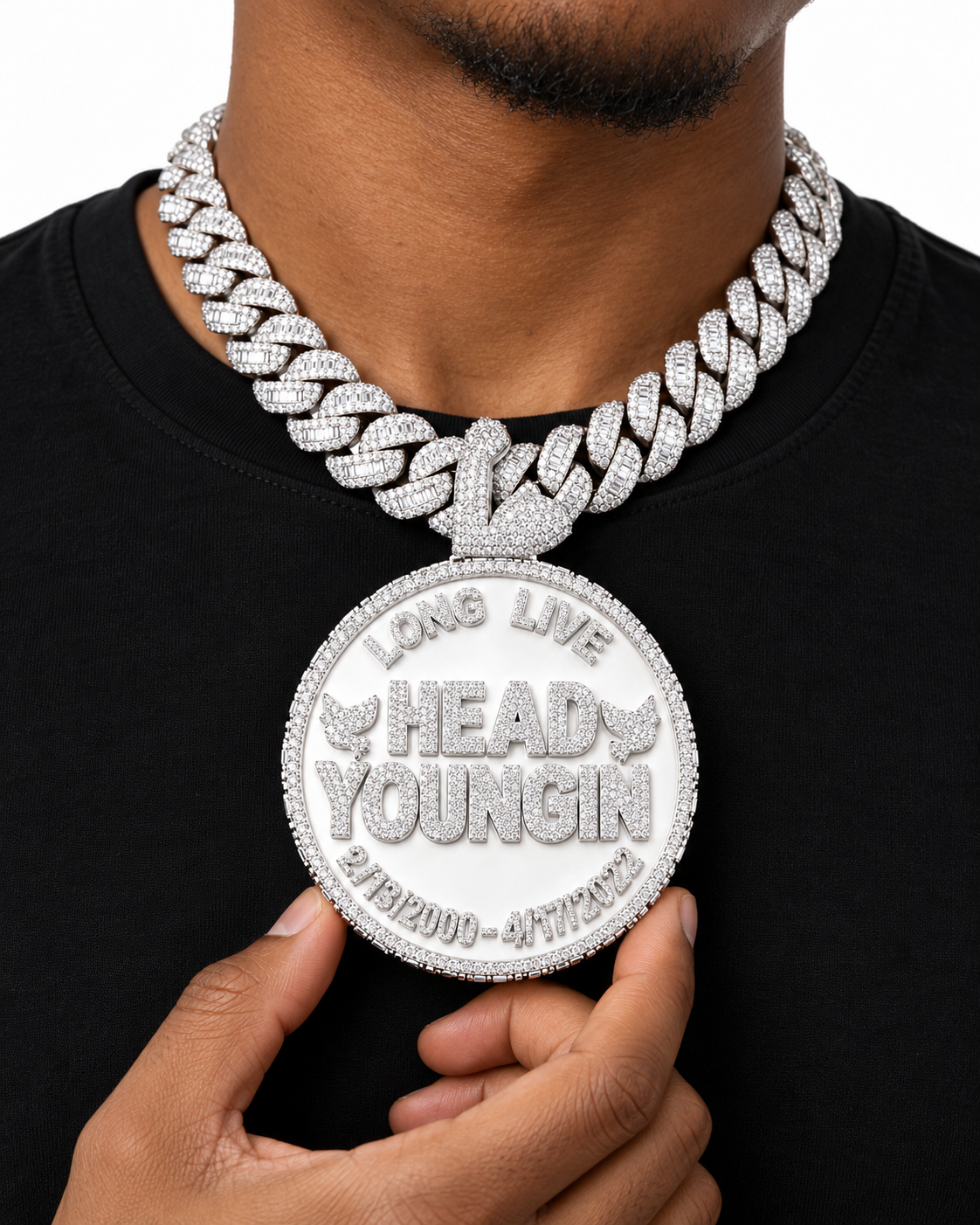 Custom Iced Out Memorial Name & Date Pendant with Swan Bail