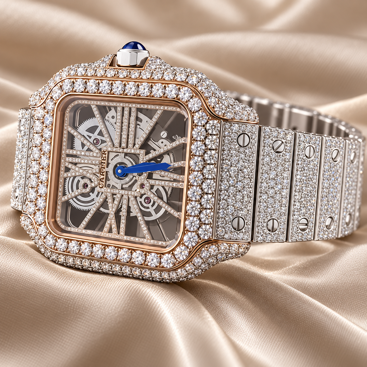 Iced Out Square Skeleton Dial Two Tone Watch – Custom Diamond Statement Watch