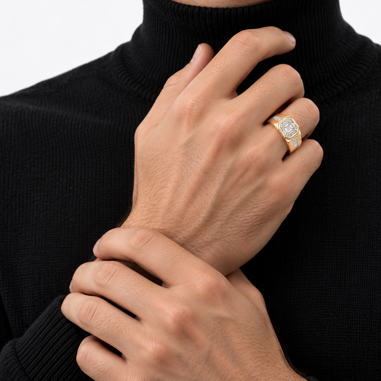 Asscher-Style Step Cut Yellow Gold-Tone Ring with Square Stone Shoulders