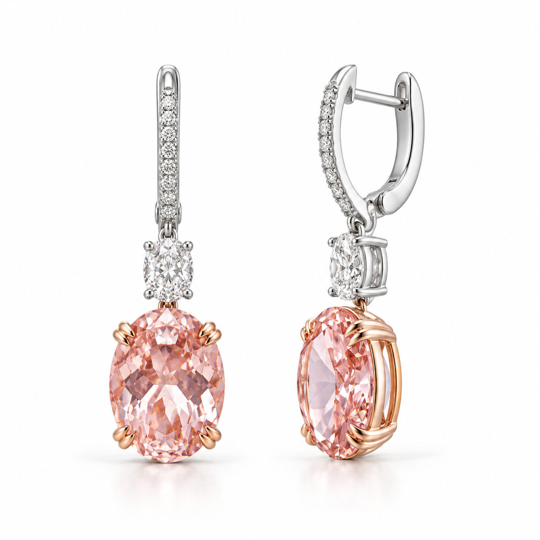 Peach Oval Stone Drop Earrings in Two Tone Gold Finish