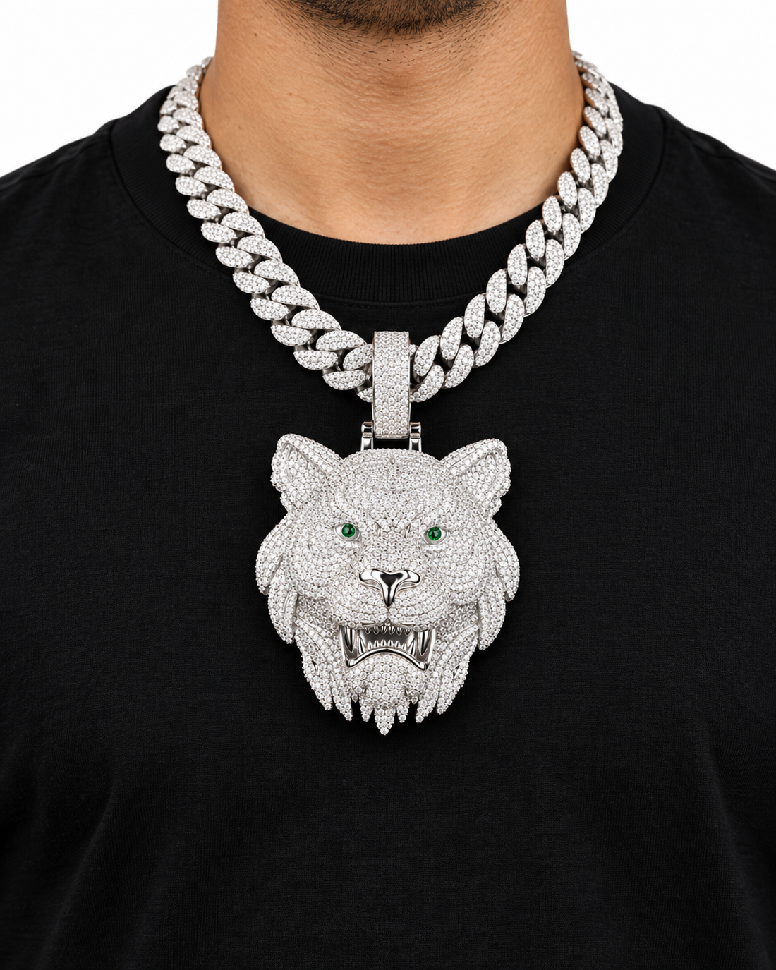 Custom Iced Out Lion Head Pendant with Green Eyes | Made to Order