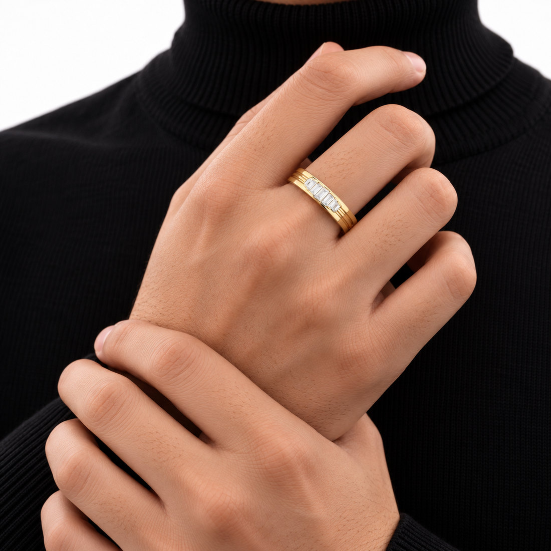 Seven Stone Graduated Baguette Yellow Gold-Tone Grooved Band Ring