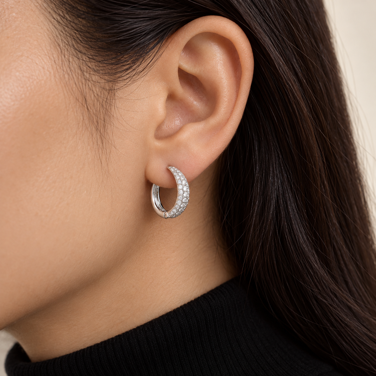 Baguette & Round Stone Three Row White Gold-Tone Bali Hoop Earrings – Custom Iced Out Jewelry
