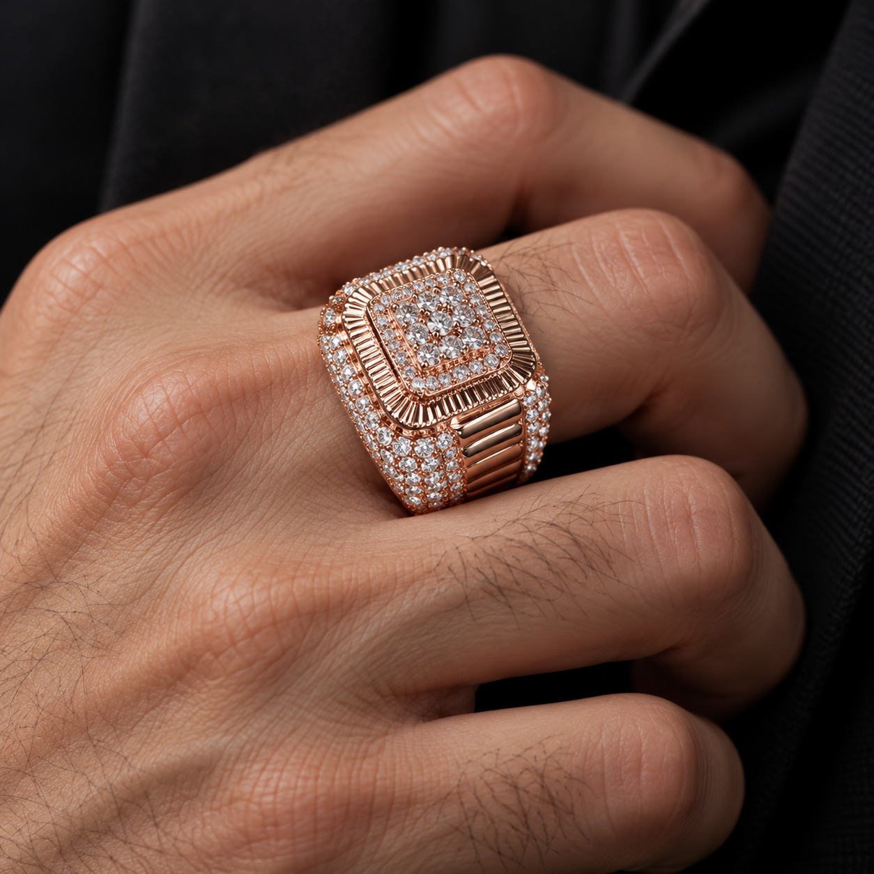 Square Cluster Fluted Frame Iced Out Hip Hop Statement Ring
